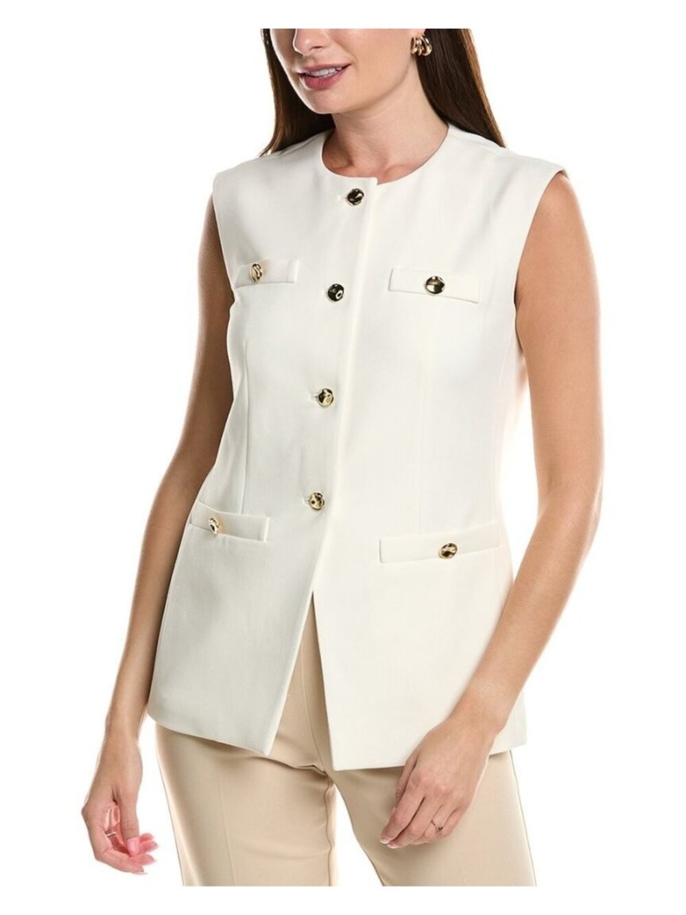 Anne Klein Women's Stretch Crepe Four Button Tailored Vest Ivory Size 14 $129